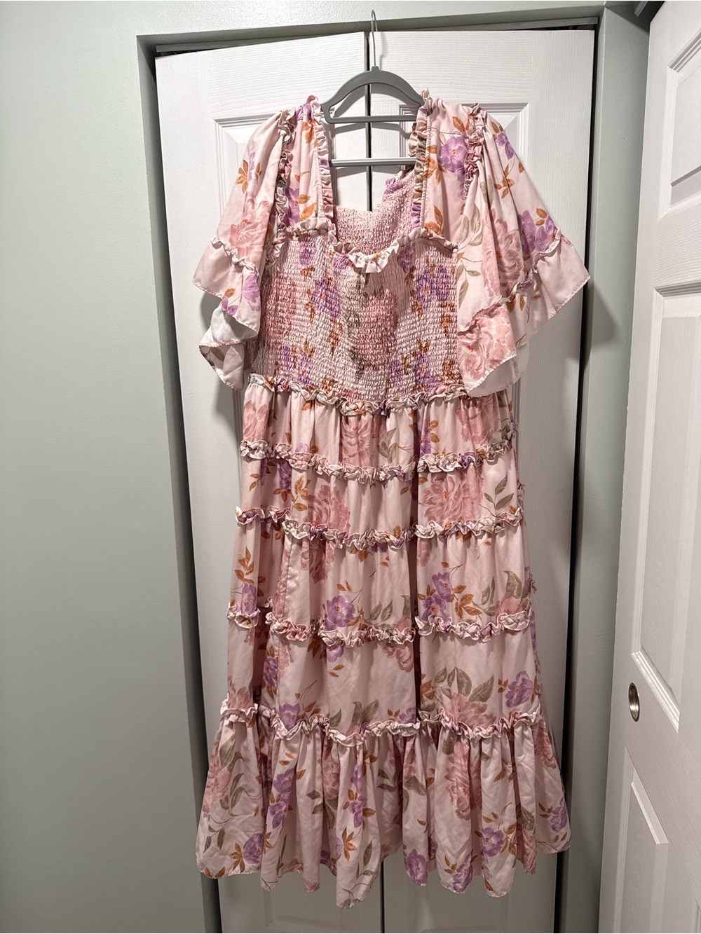 JessaKae Pink & Lavender Floral Smocked Ruffle Maxi Dress — 5X